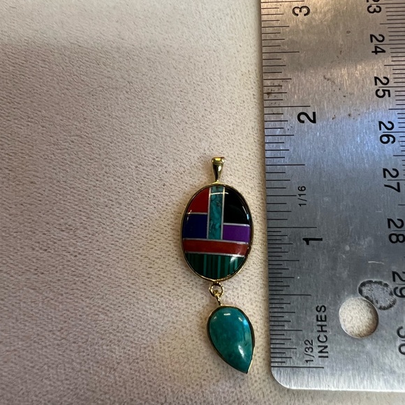 Gold Over Sterling Silver Inlaid Multi Stone Native American Pendant w/16” chain - Picture 6 of 9